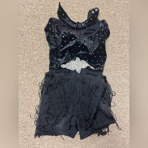 Black Weissman dance recital costume (leotard shorts with attached fringe skirt)